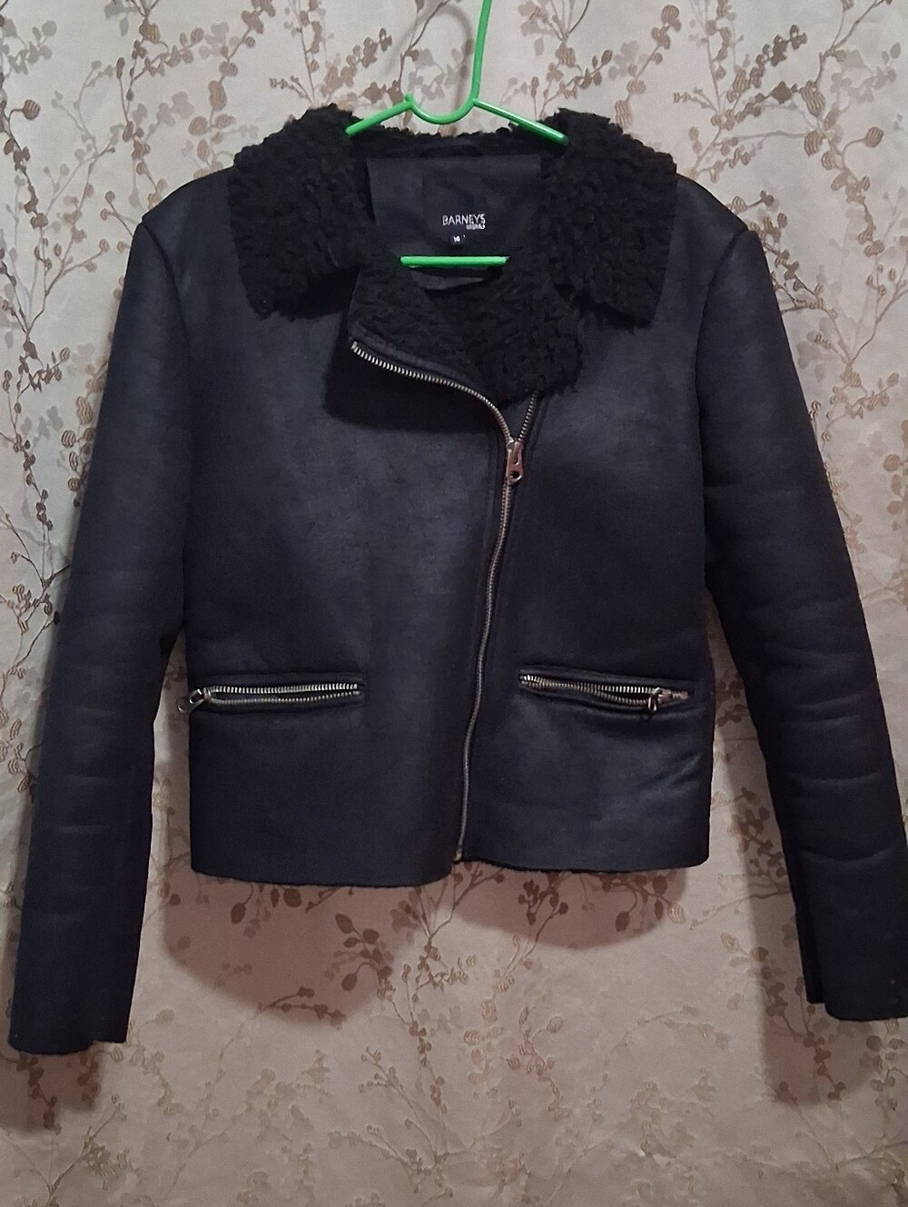 Barneys New York Black Shearling-Trim Moto Jacket